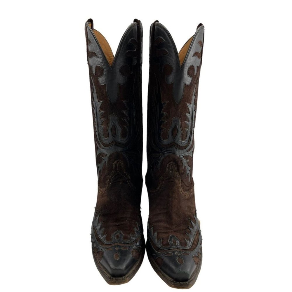 Lucchese Brown Leather Western Cowboy Boots with Black Overlay - Picture 3 of 8